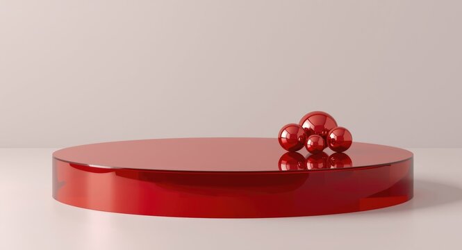 Contemporary madder red glass stage podium with minimalistic bauble props and modern design