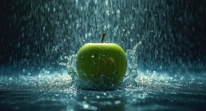 green apple under heavy water spray creating lively splashes