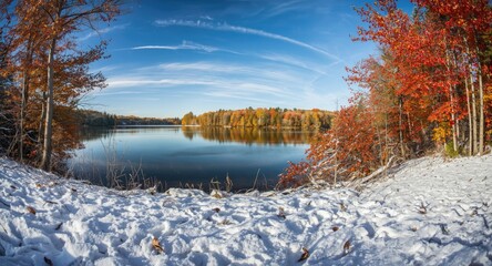 Fresh snow atop an autumnal lakeside with leafy trees in full color