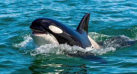 Fototapeta premium Cheerful orca pet springing from vivid green ocean surface during sunny summer