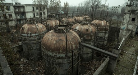 Aged hazardous chemical tanks surrounded by deteriorated city environment