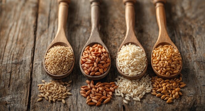 Assorted rice types including brown rice and riceberry displayed in wooden spoons atop rustic wood background health focused flat lay