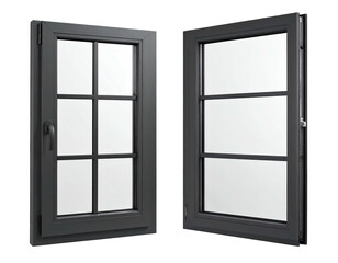 Rendered image of two windows, one open, one closed, both with black frames and grilles, on a dark background