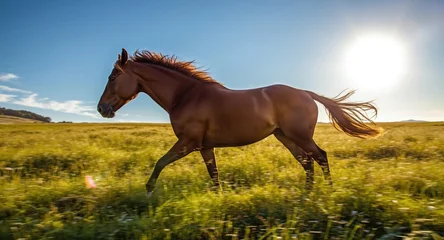 Full length horse dashing through glowing grass under summer sun © TheWaterMeloonProjec