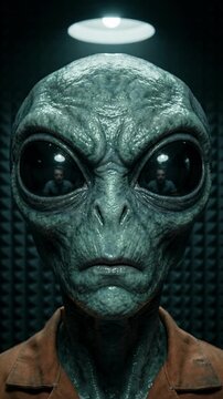 Close-up portrait of a grey alien in an orange jumpsuit looking at the camera. Extraterrestrial creature in a dark interrogation room with a blinking light. Sci-fi and UFO mystery concept