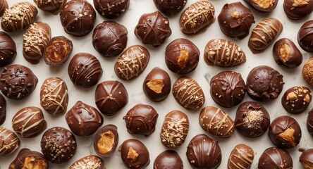 Obraz premium Flat lay of gourmet filled chocolate pralines assortment