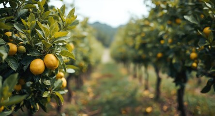 Lemon tree farm with a delicate blurred natural backdrop