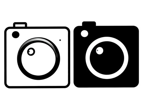A white graphic of a camera in two variations, one square and the other circle