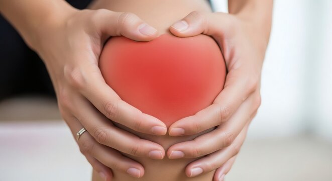 Knee Pain Womans Hands Grip Sore Knee Joint with Highlighted in Red.