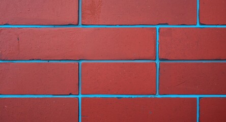 Close up photograph of a rectangular brick floor combining carmine colors and electric blue accent marks