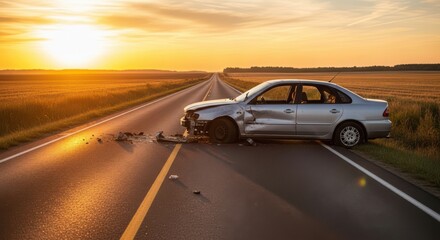 Fototapeta premium Crashed car on empty road at sunset