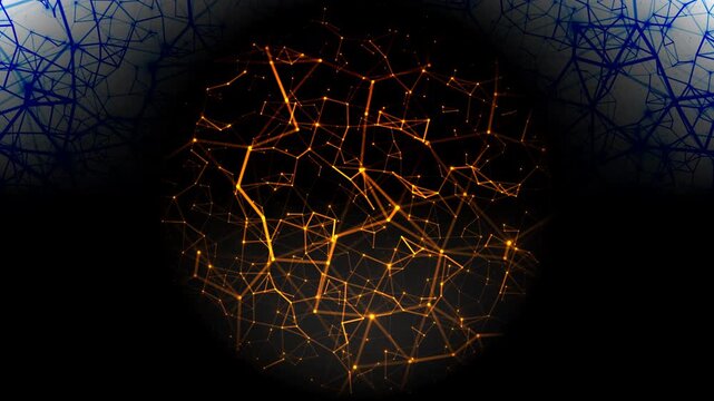 Glowing orange plexus network sphere with connecting lines and dots on dark background