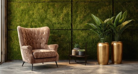 Fototapeta premium Interior design showcasing a fashionable armchair gold planters and green wall panels