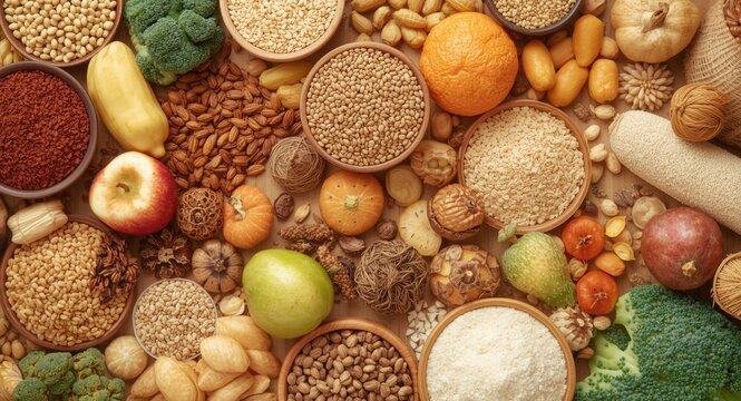 Flat lay showcasing vibrant healthy carbohydrate sources for energy