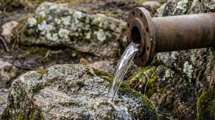 Clear water flows from rusty pipe onto mossy rocks