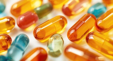 Assorted cod liver oil gel capsules featuring smooth shiny texture on pure white background