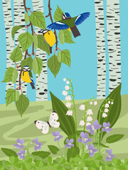 vector drawing spring landscape with birds, flowers and trees, blue tits at birch branches with green leaves and catkins, lily-of-the-valley and violets, hand drawn illustration © cat_arch_angel