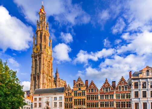 Antwerp, Belgium. Grote Markt medieval guild houses and Cathedral of Anvers in Flanders
