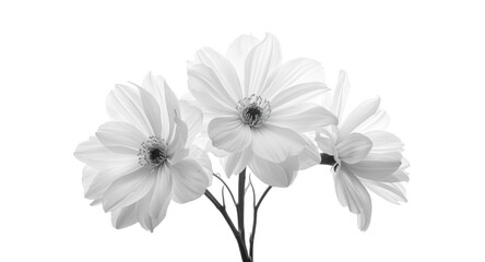 Art-inspired monochrome shot of trio white flowers with pure white background