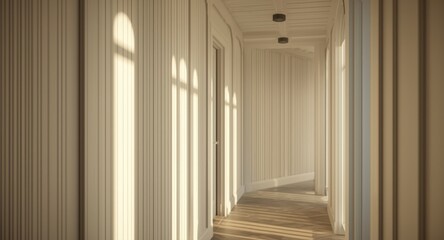 Obraz premium Interior corridor showcasing white board and batten wall panels with gentle shadow play