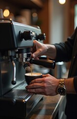 Naklejka premium Barista in black shirt pours espresso into a black cup using an espresso machine, with blurred cafe background and warm lighting creating an inviting atmosphere