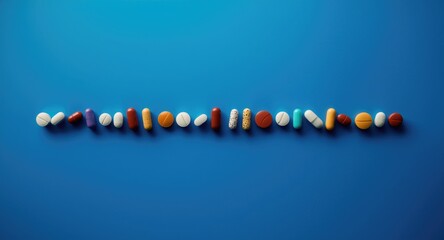 Fototapeta premium Assorted capsules and tablets in a straight horizontal line on blue background with space reserved for text