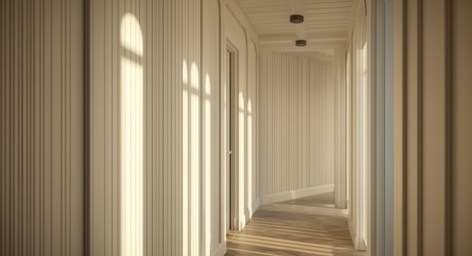 Interior corridor showcasing white board and batten wall panels with gentle shadow play