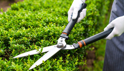 Obraz premium Manos con guantes recortando un seto verde de boj con tijeras de jardinería, trabajo de cuidado y mantenimiento de jardines y espacios verdes