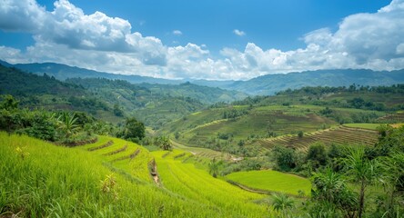 Obraz premium Lush scenic landscape dominated by tiered rice agriculture