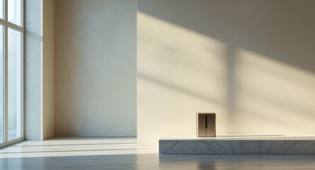 Fototapeta premium Enhanced product display using interior wall backdrop with shadows cast by white and blue window light