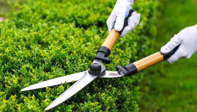 Manos con guantes recortando un seto verde de boj con tijeras de jardiner&iacute;a, trabajo de cuidado y mantenimiento de jardines y espacios verdes