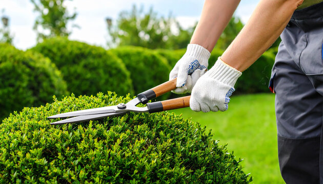 Manos con guantes recortando un seto verde de boj con tijeras de jardiner&iacute;a, trabajo de cuidado y mantenimiento de jardines y espacios verdes