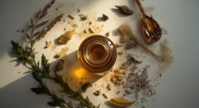 Homemade herbal cold remedy syrup using Plectranthus amboinicus from top perspective