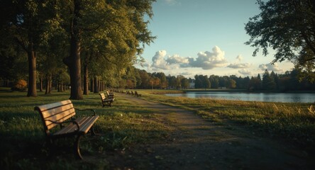 Obraz premium A line of serene empty park benches welcoming a peaceful outdoor walk
