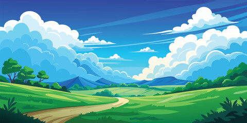 Obraz premium A winding dirt path leads through rolling green hills under a bright blue sky filled with fluffy white clouds. 