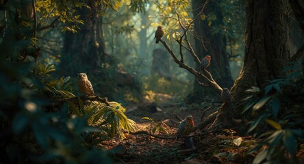 Forest environment with feathered creatures resting on limbs
