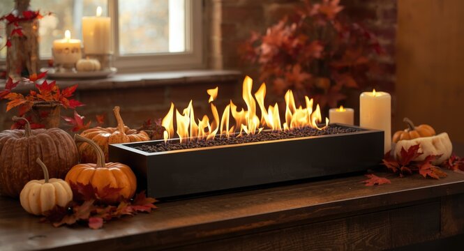 Cozy bio ethanol fireplace burning on wooden table with autumn home decor