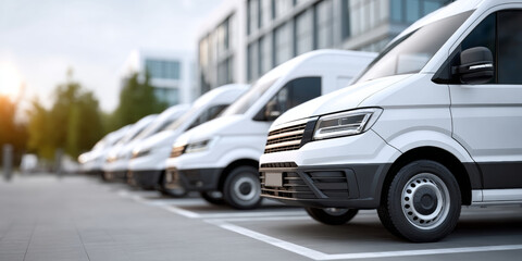 Fototapeta premium Row of white commercial parked in an urban setting with modern buildings and trees in the background during daylight