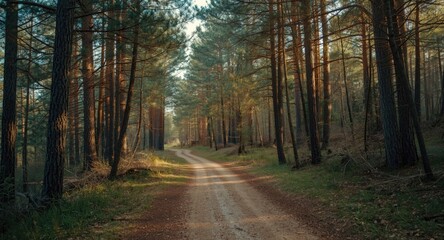 Obraz premium Inviting nature trail surrounded by tall pines under warm rays