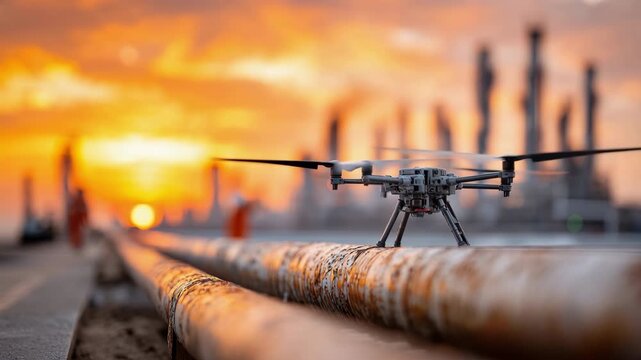 Industrial inspection drone takes off from rusted pipeline at refinery during vivid sunset