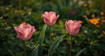 Delicate pink tulips blooming in a lush green garden with soft focused background