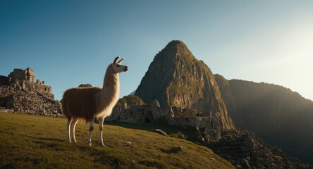 Fototapeta premium Llama standing tall on a grassy ridge beside an ancient heritage monument