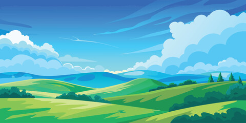 Gentle undulating green hills stretch out under a vivid blue sky adorned with scattered white clouds and distant mountains.
