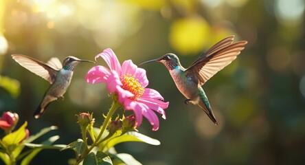 Naklejka premium Joyful hummingbirds fluttering near vibrant pink flower in natural outdoor setting