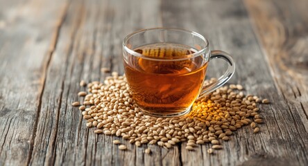 Fototapeta premium Glass cup of barley tea and raw barley seeds arranged on rustic wooden table with copy space