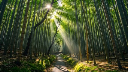 Sunlit Forest Path Through Tall Green Bamboo Grove