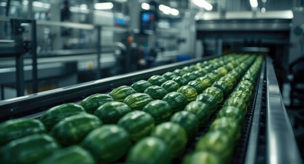 Obraz premium Fresh cucumbers on automated conveyor in food processing plant with blank space for text