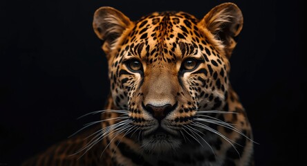 Obraz premium Leopard close up portrait emphasizing texture with dark backdrop