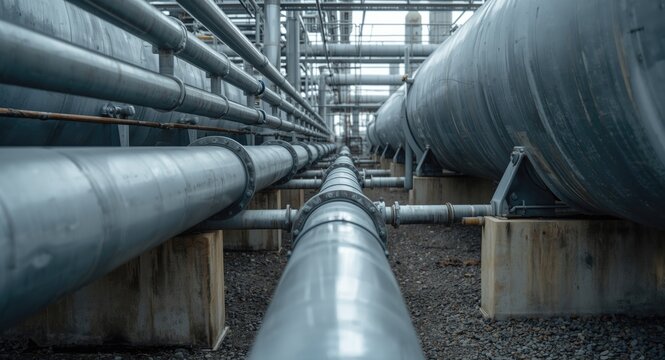 Focused image of metallic pipes and concrete supports connecting propane tanks showcasing pipeline and water conveyance systems in industrial energy setting