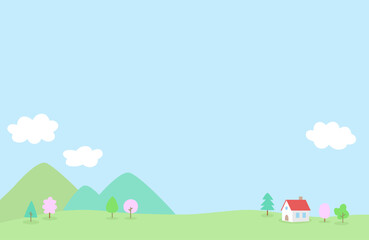 山と小さな家の春の背景イラスト